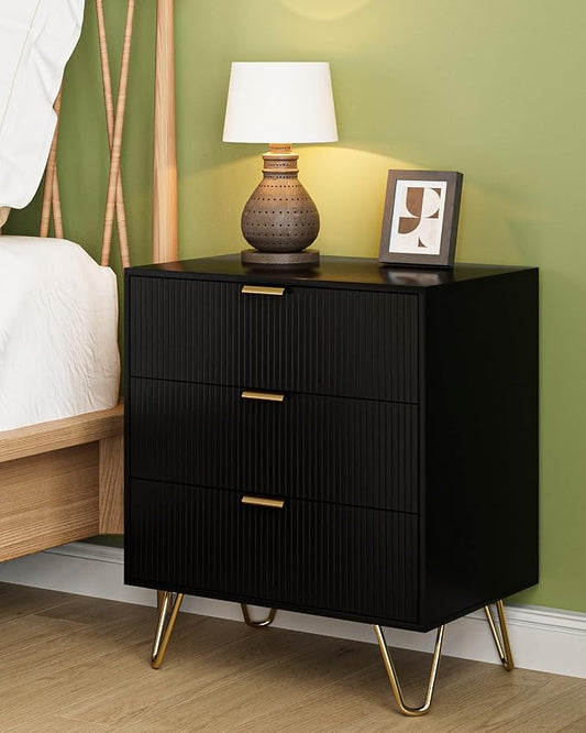 Fluted 3 Drawer Dresser for Bedroom, Modern Storage Bedroom Dresser Chest Cabinet Organizer with Anti-Tip Hardware for Living Room, Dressing Room, Kids Room, Office (Black)