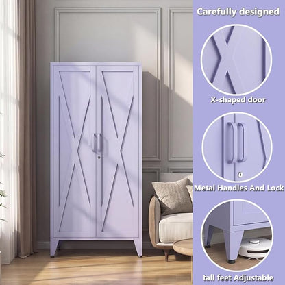 Purple Metal Pantry Cabinet with Lock,Freestanding Steel Storage Locker with 3 Adjustable Shelves,Heavy Duty Metal Storage Cabinet for Kitchen, Living Room,Laundry,Garage 61" H X 27.6" W X 13.8" D