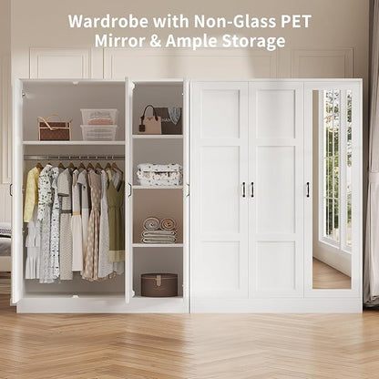 Yanosaku 3-Door Armoire Wardrobe Closet with Full Length Acrylic Mirror, Armoire with Adjustable Shelves & Hanging Rod, Freestanding Storage Cabinet for Bedroom, White