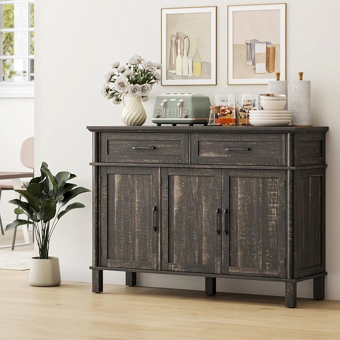 48 Inches Buffet Cabinet with Storage, Farmhouse Sideboard Buffet w/2 Drawers and 3 Doors, Wood Coffee Bar Cabinet with Adjustable Shelves, Sideboard Storage for Kitchen, Living Room, Rustic Brown