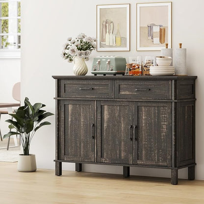 48 Inches Buffet Cabinet with Storage, Farmhouse Sideboard Buffet w/2 Drawers and 3 Doors, Wood Coffee Bar Cabinet with Adjustable Shelves, Sideboard Storage for Kitchen, Living Room, Rustic Brown