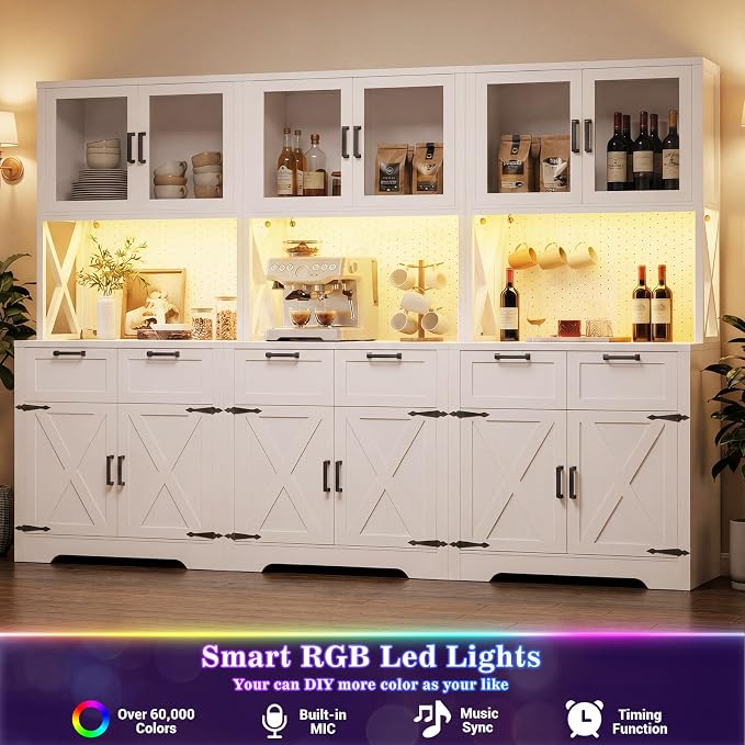 Unikito 94.5" Extra Wide Kitchen Pantry Cabinet with 3 Power Outlets & LED Light, 71" Tall Large Kitchen Hutch Cabinet with Countertop, DIY Pegboard with Hooks & Drawers, Farmhouse Food Pantry, White
