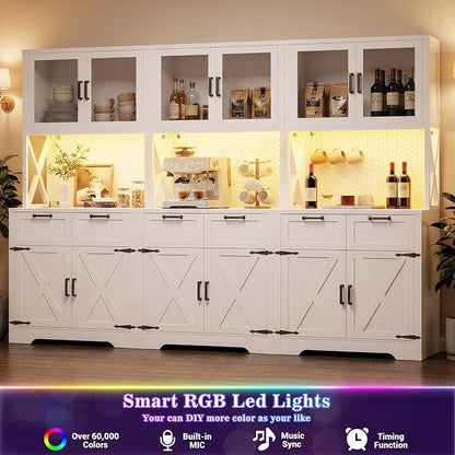Unikito 94.5" Extra Wide Kitchen Pantry Cabinet with 3 Power Outlets & LED Light, 71" Tall Large Kitchen Hutch Cabinet with Countertop, DIY Pegboard with Hooks & Drawers, Farmhouse Food Pantry, White