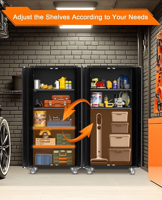 72-Inch H Black Metal Garage Storage Cabinet with Wheels & Pegboard, Locking 2-Door Rolling Storage Cabinet with 4 Adjustable Shelves for Garage, Workshop & Home Office