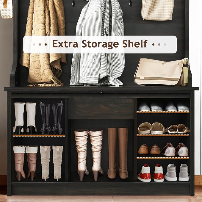 4ever2buy Farmhouse Hall Tree with Bench 5-in-1 Entryway Bench with Coat Rack with Sliding Barn Doors Entryway Coat Rack with Shoe Storage (Oak)