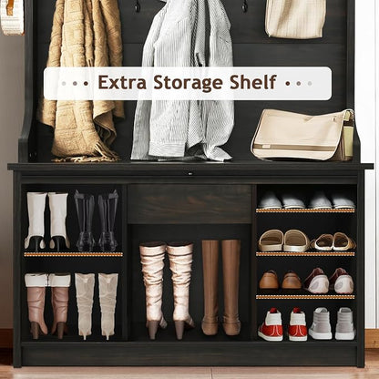 4ever2buy Farmhouse Hall Tree with Bench 5-in-1 Entryway Bench with Coat Rack with Sliding Barn Doors Entryway Coat Rack with Shoe Storage (Oak)