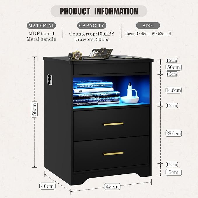 Nightstand with Gun Drawer, Charging Bedside Table with USB-A & Quick-Charge Type-C Port, LED Night Stand with Soft Glow Human Sensor Light, Modern End Table with Drawers for Bedroom Office, Black