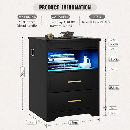 Nightstand with Gun Drawer, Charging Bedside Table with USB-A & Quick-Charge Type-C Port, LED Night Stand with Soft Glow Human Sensor Light, Modern End Table with Drawers for Bedroom Office, Black