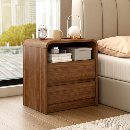 23.6" Walnut Nightstand with Charging Station, Anti-Collision Mid Century Modern Bedside Table with 500 LB Capacity, Soft Close Drawers Night Stand with Hidden Storage & Pre-Embedded Parts for Bedroom
