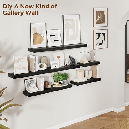 Heimlove 44 Inch Floating Shelves for Wall 8 Inch Deep Black Shelves Set of 2,Wall Mounted Rustic Wood Long Floating Shelf，Large Display & Storage Shelf with Invisible Brackets