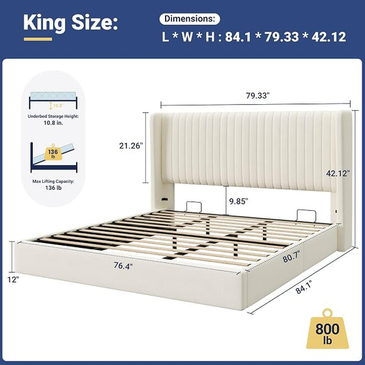 Allewie King Size Lift Up Storage Bed Frame, Hydraulic Support System, Upholstered Platform Bed Frame, Underneath Storage, Vertical Channel Tufted Headboard with Wingback, No Box Spring Needed, Cream