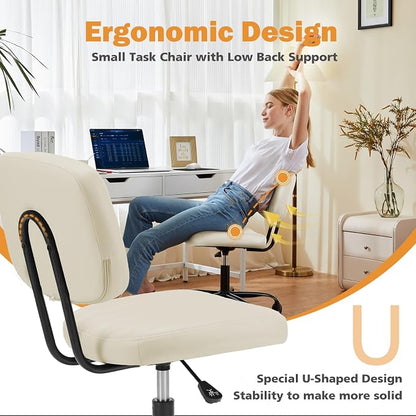 Sweetcrispy Small Office Desk Chair, Armless PU Leather with Comfy Lumbar Support, Height Adjustable Rolling Swivel Task for No Arms, for Adult, Student, Bedroom, Home, Vanity, Beige White