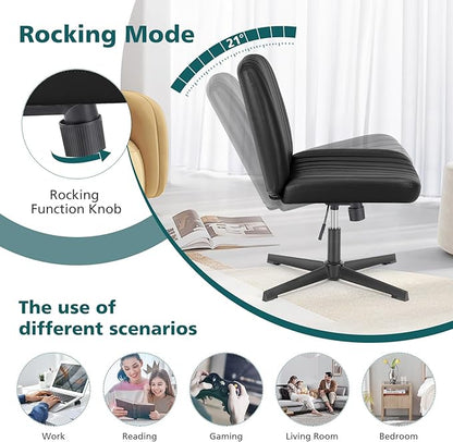 OLIXIS Criss Cross Legged Chairs No Wheels, Wide Seat Height Adjustable Swivel Chair,Padded PU Leather Armless Desk Chair for Home Office Bedroom, Student, Study Room,Black-Pu