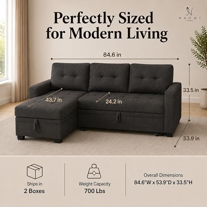 Naomi Home 84" L-Shaped Sectional Sleeper Sofa with Pull Out Bed | Sleeps guests comfortably, stores essentials in chaise & saves space, Velvet, Espresso convertible sofa bed