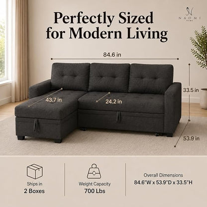 Naomi Home 84" L-Shaped Sectional Sleeper Sofa with Pull Out Bed | Sleeps guests comfortably, stores essentials in chaise & saves space, Velvet, Espresso convertible sofa bed