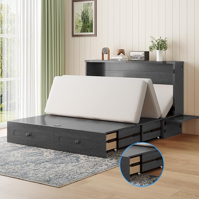 PUREMIND Queen Murphy Bed with Mattress Included, Folding Convertible Bed, Hideaway Cabinet Bed with Storage Drawer & USB Charging Station, Space Saving Wallbed for Small Spaces, Gray