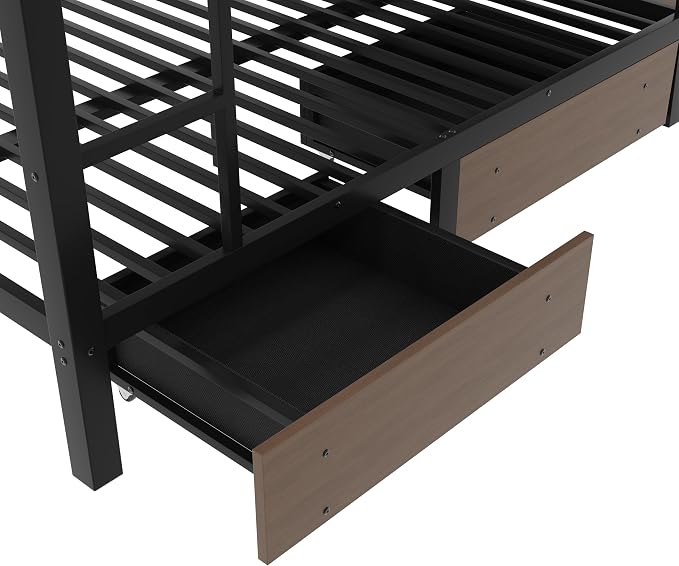Bellemave Bunk Bed Full Over Full，Metal Bunk beds with Storage Shelves, LED Light Strip, and USB Power Strip, Upper Bed with Desk, Black