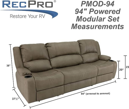 RecPro Charles 94" Powered Triple RV Wall Hugger Recliner | Drop Down Console | RV Furniture with Upgraded 2023 Fabric (Putty)