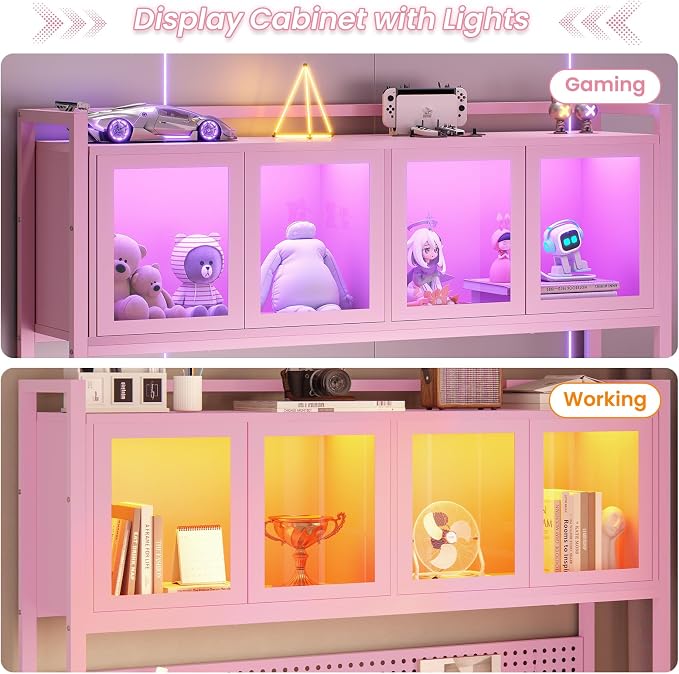 SEDETA L Shaped Gaming Desk with Drawers, L Shaped Computer Desk with Hutch and Storage Shelves, Gaming Desk with Pegboard, Led Lights, and Power Outlet, Home Office Desk, Corner Desk, Pink