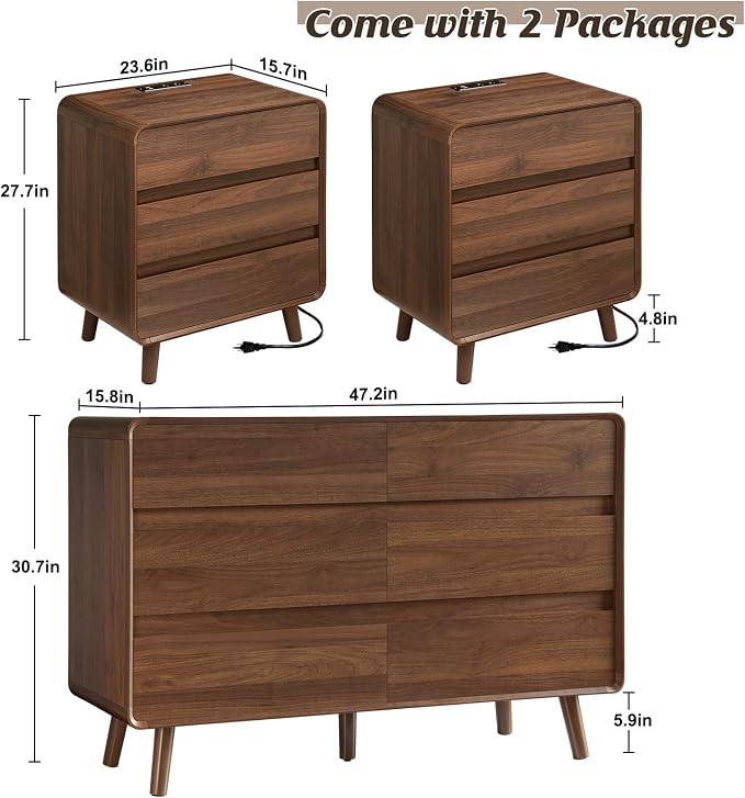 Nasonet 6 Drawer Dresser and 3 Drawers Nightstands Set with Charging Station, Wood Mid-Century Modern Dresser and Nightstand 3 Pieces for Bedroom, Living Room, Walnut