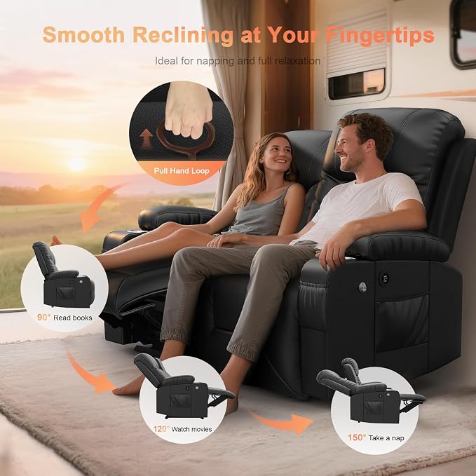 RV Loveseat Recliner Sofa, Reclining Loveseat Wall Hugger Recliners with USB Ports, Cup Holders, Insert Pockets, RV Recliners for Travel Trailers & Living Room, RV Furniture | RV Couch | Black