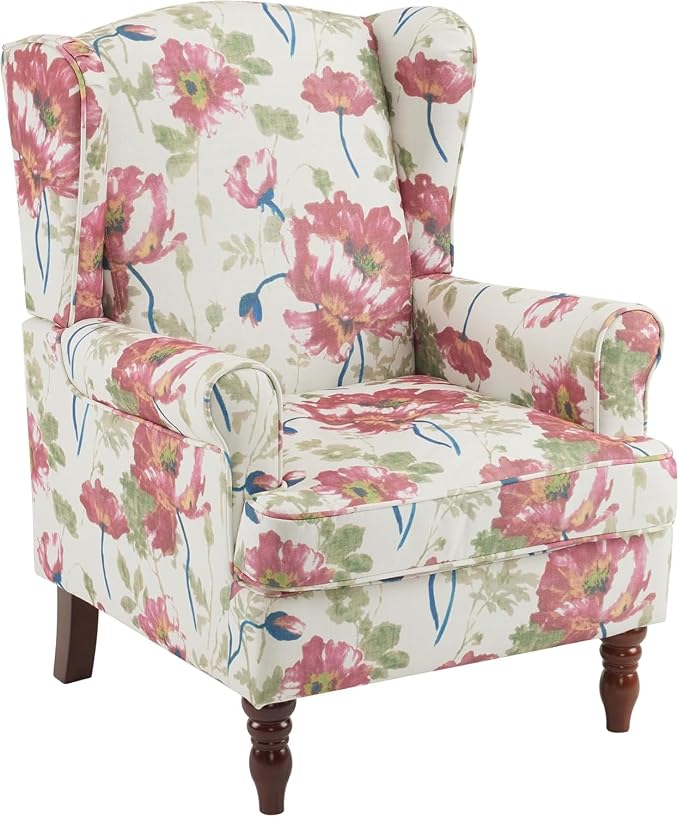 EROMMY Floral Accent Chair, Comfortable High Back Upholstered Armchair with Solid Wood Legs, Leisure Single Sofa Chair for Living Room, Bedroom, Home Office, Pink Floral