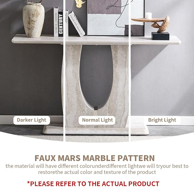 LKTART 55" MDF Console Table for Entryway, Narrow Entryway Table with Faux Mars Marble Pattern, Couch Tables Behind Sofa with U-Shaped Base for Living Room Hallway Foyer, Light