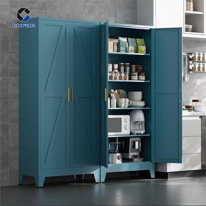 COFaR 71'' Tall Metal Storage Cabinet, Farmhouse Kitchen Pantry Cabinet with Doors and 4 Adjustable Shelves, Metal Pantry Storage Cabinets for Kitchen, Laundry, Peacock Blue 5-Tier