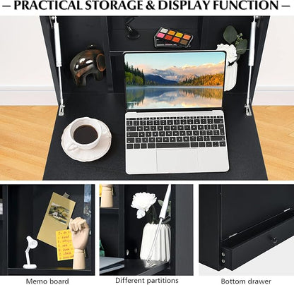 COSTWAY Wall-Mounted Computer Desk, Floating Desk with Storage Drawer & Shelves, Fold-up Desktop & Pneumatic Springs, Ideal for Home, Office, Dormitory, Small Spaces (Black)