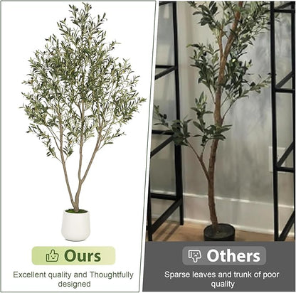 VIVATREES Olive Trees Artificial Indoor, 6FT Tall Faux Olive Tree with White Tall Planter, Artificial Plants with Natural Wood Trunk and Lifelike Fruits for Home Office Decor
