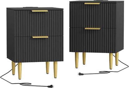 Akxomel Black Nightstand Set of 2, Fluted Night Stand with Charging Station, 13.8" D x 15" W x 23.2" H, 2 Drawers Modern Bedside Table with USB Ports and Outlets, Golden Side Table for Bedroom