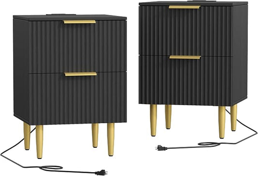 Akxomel Black Nightstand Set of 2, Fluted Night Stand with Charging Station, 13.8" D x 15" W x 23.2" H, 2 Drawers Modern Bedside Table with USB Ports and Outlets, Golden Side Table for Bedroom