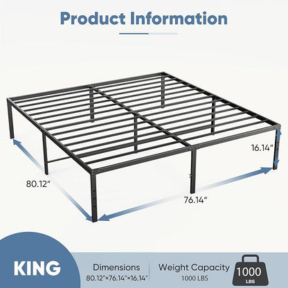 DUMOS King Size 16 Inch Bed Frame - Metal Platform Bed Frame Mattress Foundation with Steel Slat Support, No Box Spring Needed, Storage Space Under Base, Easy Assembly, Black