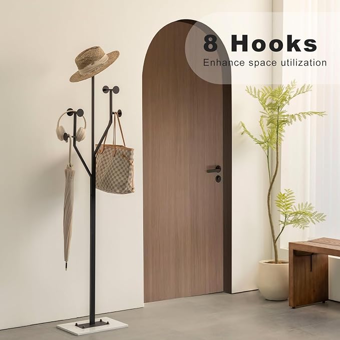 JIAYUEJU Heavy Duty Coat Rack Tree-shaped Metal Freestanding Coat Tree with Sturdy Marble Base Corner Coat Rack for Bedroom Entryway Hallway 14.96 x 10.24 x 68.9 Inches (Black)