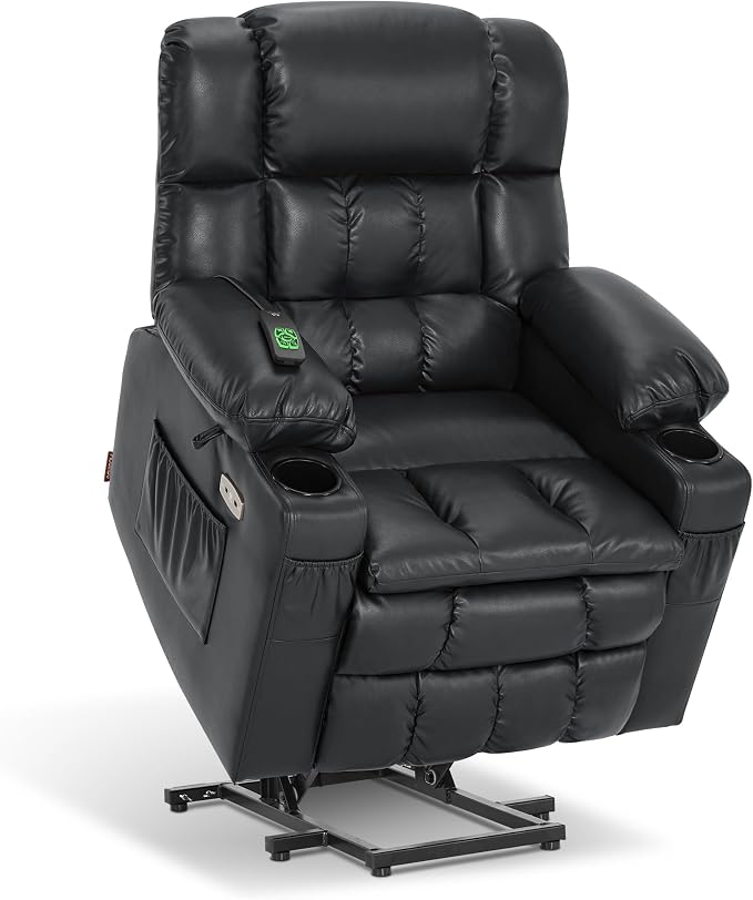 MCombo Small Dual Motor Power Lift Recliner Chair for Petite Elderly, Zero Gravity Lift Chair with Heat and Massage, Infinite Position Lay Flat Recliner, USB Ports, Faux Leather 7893 (Black, Small)