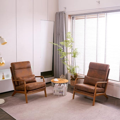 Karl home Accent Chair High Back Mid-Century Modern, Brown | Bronzing Cloth Upholstered, Walnut Color Solid Rubber Wood Frame, Soft Cushion with Pillow, For Living Room, Bedroom, Balcony