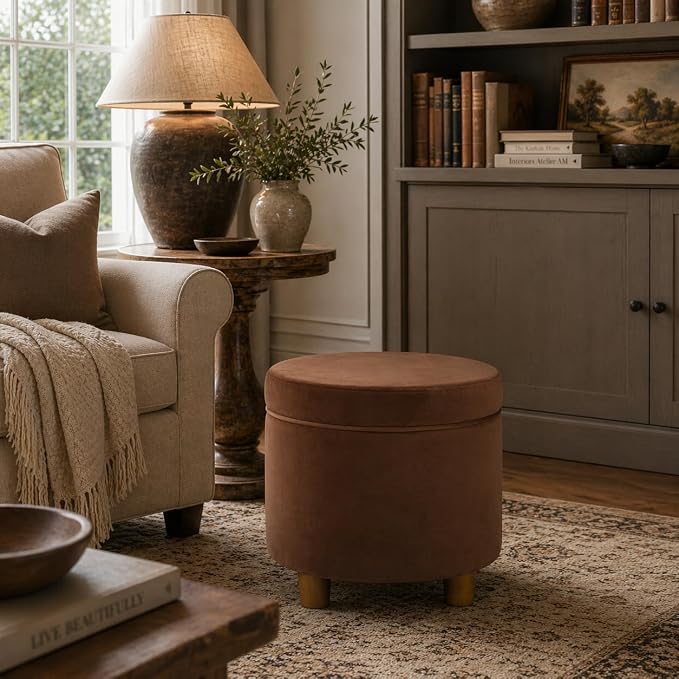 HomePop Home Decor | Upholstered Round Storage Ottoman | Ottoman with Storage for Living Room & Bedroom, Spice Orange Velvet Large