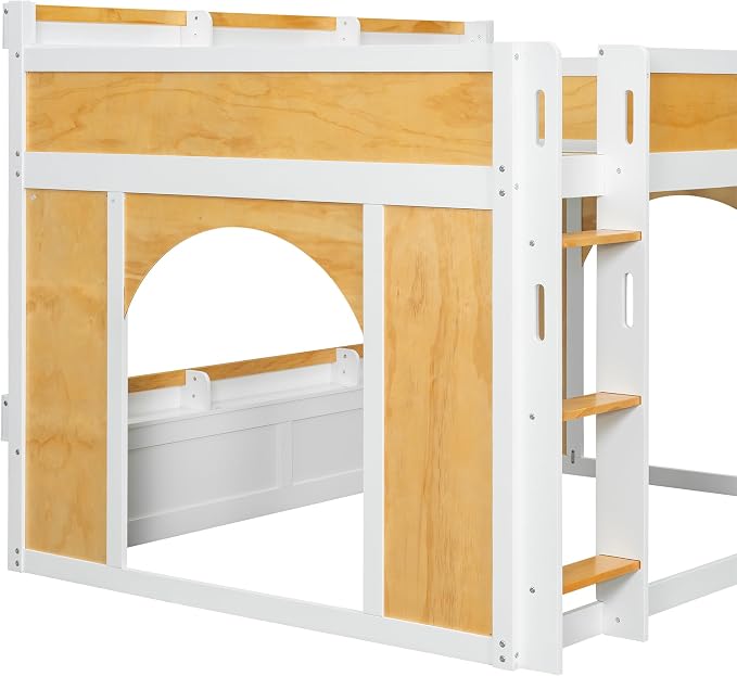 Full Over Full Bunk Bed with Storage Shelves,Window and Two Doors,for Kids Teens Adults Use (White+Natural-Doors, Full Over Full)