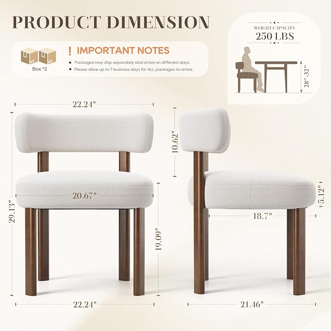 Wooden Dining Chairs Set of 6, Upholstered Kitchen Chairs with Solid Wood Legs, Mid Century Dining Room Chair with Ergonomic Curved Backrest for Kitchen Dining Vanity, Beige
