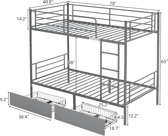 Karl home Grey Bunk Bed Twin Over Twin with 2 Storage Drawers, Metal Bunk Bed with Built-in Ladder and Safety Guardrail, Space-Saving Twin Bunk Beds for Kids, Teens & Adults, No Box Spring Needed