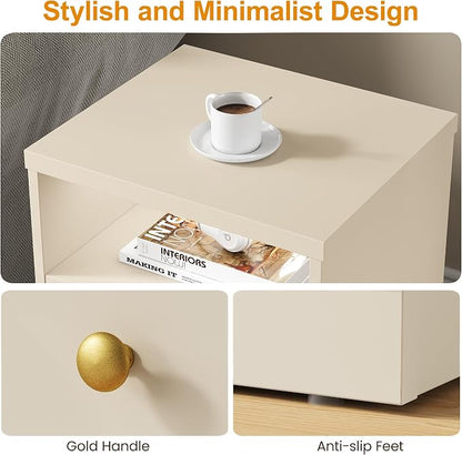 RoyalCraft Beige Nightstand with Storage Shelf and Door, Faux Two-Drawer Design Side Table, Modern Night Stand for Bedroom Dorm, Wood End Table for Small Spaces