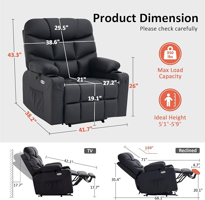 MCombo Oversized Power Lift Recliner Chair with Extended Footrest, Extra Wide for Big and Tall Elderly People, Faux Leather R7289 (Black, Medium-Wide)