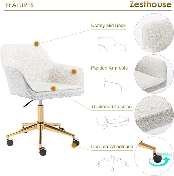 Zesthouse Modern Desk Chair with Wheels, White Swivel Vanity Chair for Girls Women, Upholstered Home Office Chair Boucle Armchair for Bedroom, Height Adjustable Computer Task Chair, Gold Base
