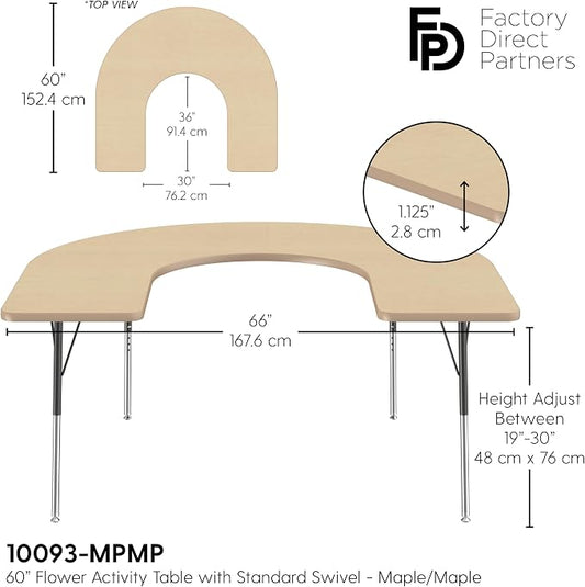 FDP Horseshoe Activity School and Office Table (60 x 66 inch), Standard Legs with Swivel Glides for Collaborative Seating Environments, Adjustable Height 19-30 inches - Maple Top and Maple Edge
