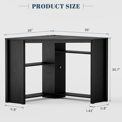 Corner Desk with Charging Station and LED Lights, Black | Triangle gaming computer desk for home office. Features space saving storage shelves, CPU stand, and smart LED light