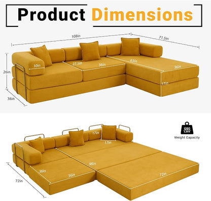 ivoros 108" Oversized Convertible Sleeper Sofa Bed, Corduroy L Shape Sectional Couch, Folding Sofa Bed with Fixed-Shape Frame, Modern Cloud Floor Mattress Couch, Modular Sofa for Living Room, Yellow