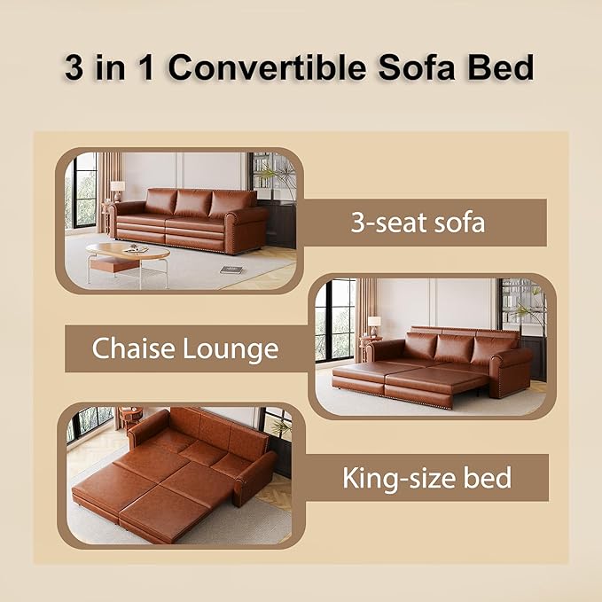 93.7" King Size Sleeper Sofa Bed, Pull Out Sofa Bed, Faux Leather Upholstery, 3 in 1 Convertible Sleeper Couch, Chaise Lounge, Retro Recliner for Living Room, Office, Apartment, Light Brown