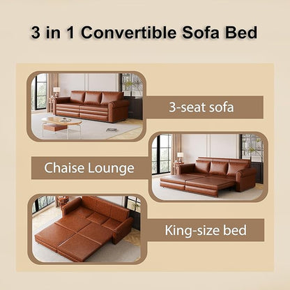 93.7" King Size Sleeper Sofa Bed, Pull Out Sofa Bed, Faux Leather Upholstery, 3 in 1 Convertible Sleeper Couch, Chaise Lounge, Retro Recliner for Living Room, Office, Apartment, Light Brown