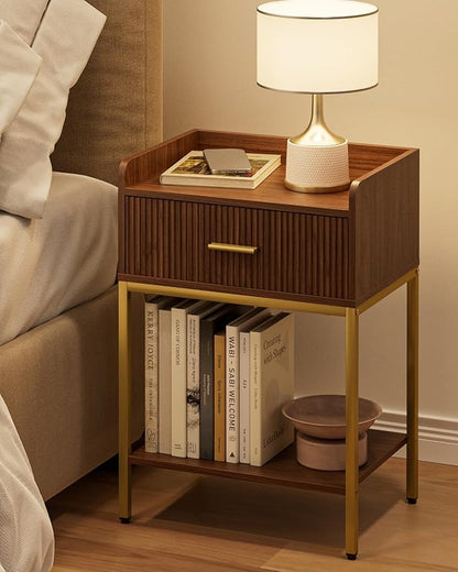 Nightstand, 3-Tier Bed Side Table, Small End Table, Night Stand with Open Shelf and Drawer, Bedside Table for Bedroom, Living Room, Walnut