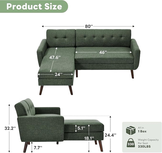 Tbfit L Shaped Couch Sofa, 80" W Mid-Century Modern Sectional Couches, 3 Seater Sofas with Wide Chaise Lounge, Button Tufted Upholstered Sectional Sofa for Living Room, Bedroom, Green | linen fabric